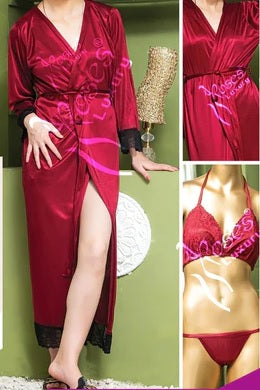 Sexy Nighty Set 3 Piece For Women / Bridal Night Dress (Bra + Panty + Gown)  - Maroon