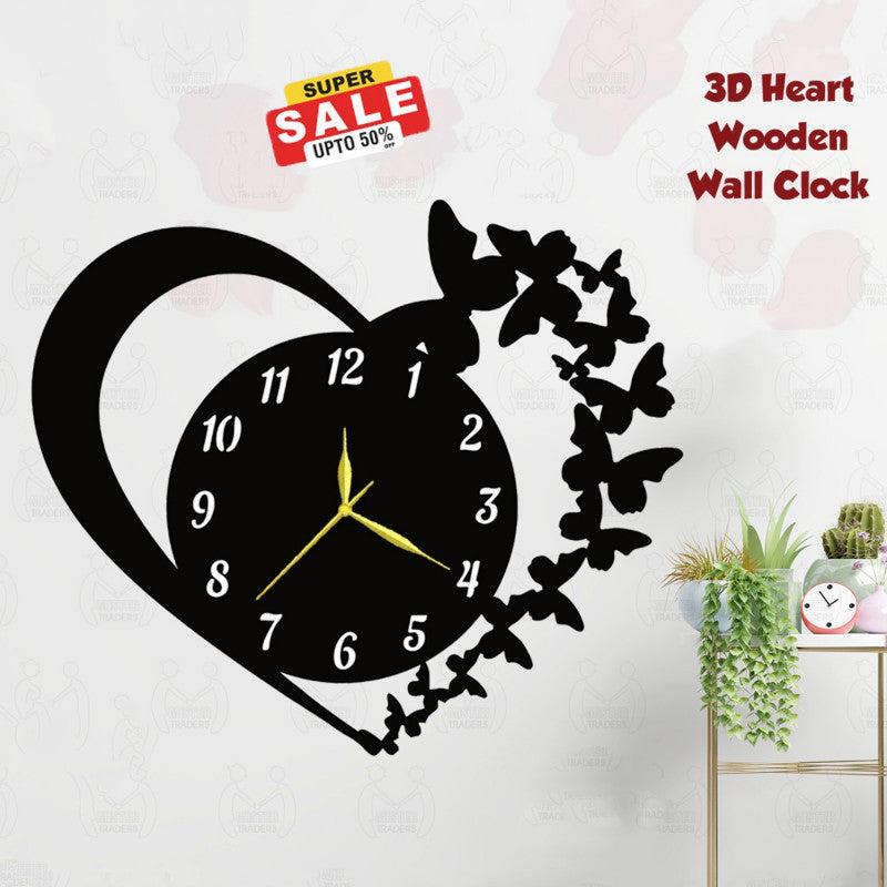3d Wooden Wall Clock Heart wall dǸcor 3d Wooden Wall Clock wall decoration items wall art for Home and Offices Self Adhesive