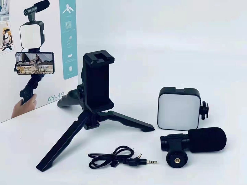 AY-49 Video Vlogger Kits Microphone LED Fill Light Mini Tripod For Phone Vlog Video Recording Condenser