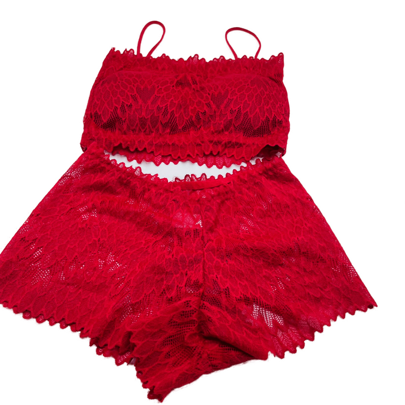 CHICKEN EMBROIDERY PADDED BRA & PANTY SET - Red