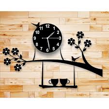 Baba Boota Decor Bird on Tree with Coffee Cup Wooden Wall Clock for Home and Offices
