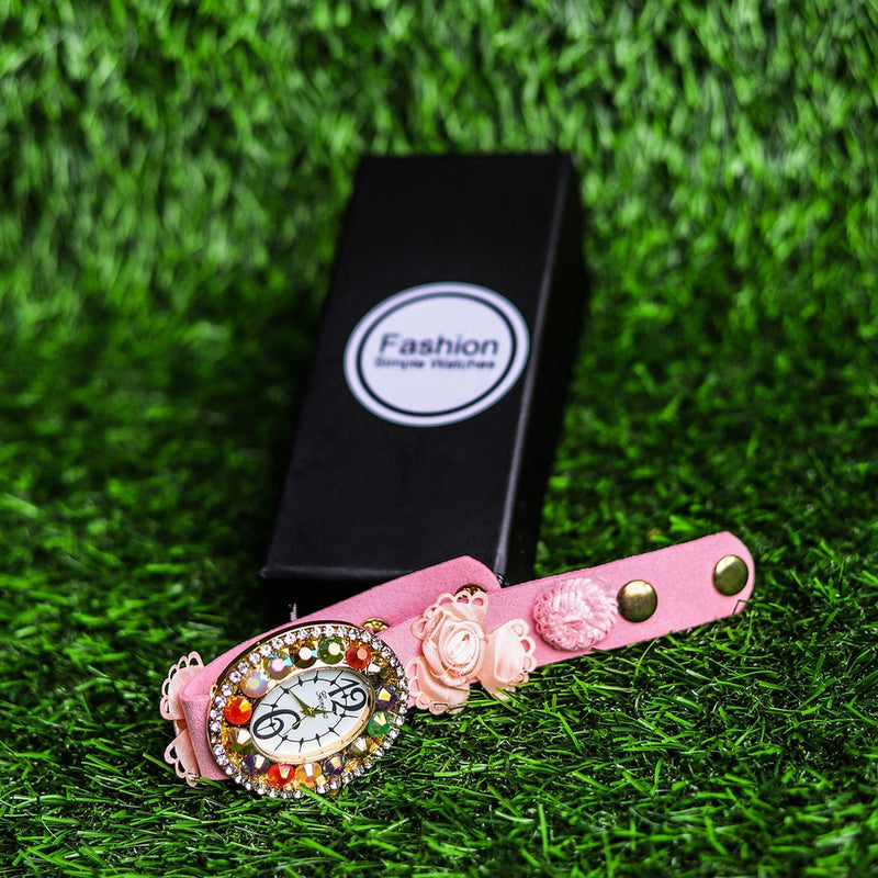 Pink Bracelet Leather With Cloth Flower Touch Women Watch - Baba Boota