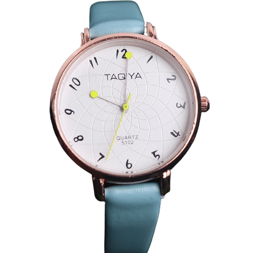 Leather Sky Blue Strap White Golden Strap And Yellow Touch Pins Women Watch - Baba Boota