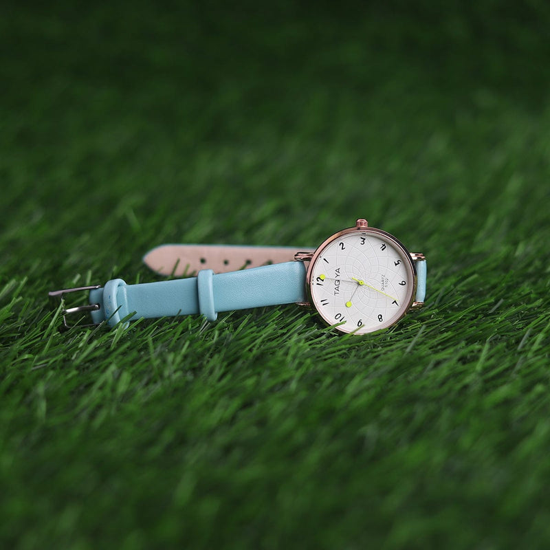 Leather Sky Blue Strap White Golden Strap And Yellow Touch Pins Women Watch - Baba Boota