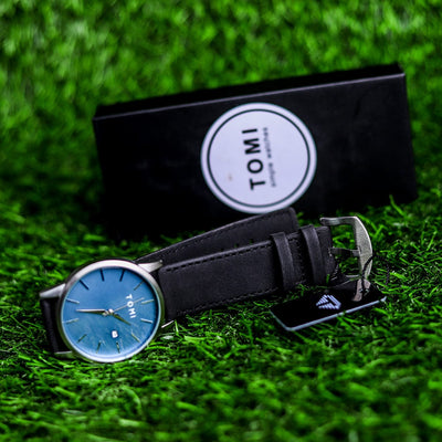 Tomi Blue With Date Silver Dial With Blue Touch, Leather Strap Men Watch - Baba Boota