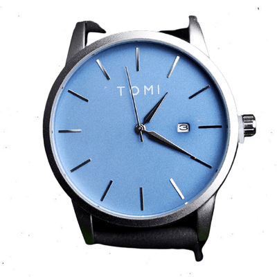Tomi Blue With Date Silver Dial With Blue Touch, Leather Strap Men Watch - Baba Boota